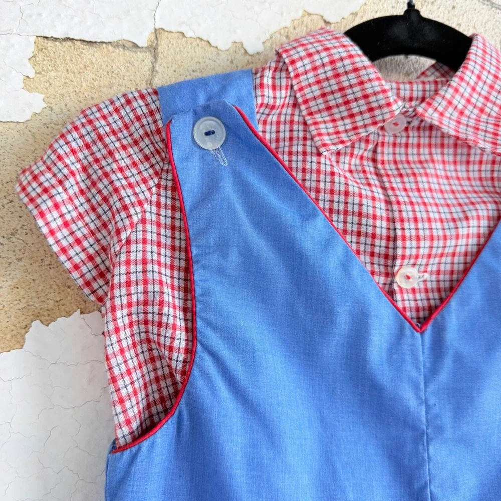 Vintage Overall Romper Gingham Shirt Set‎ Embroidered Bunny Playsuit 18 Months